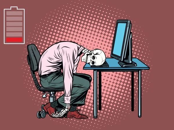 An exhausted researcher slumped at a desk, drawn in comic-book style