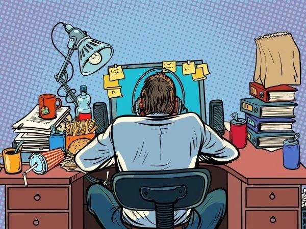 A student buried in paperwork at a cluttered desk